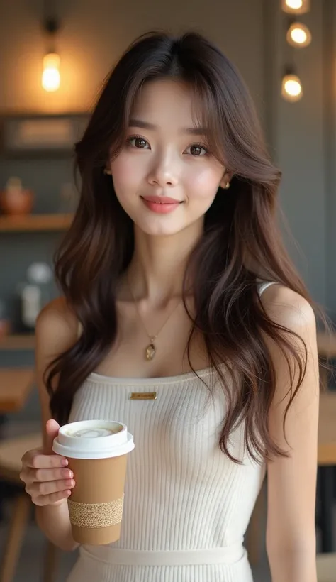 Beautiful girl model,her face similar to Momo from TWICE,dark brown long soft hair and big wide double lid eyes, baby pinkish skin,cute and sofisticated,soft pink lips,wearing brown clean white knit-dress and ,She like having cafe latte  in coffee shop tha...