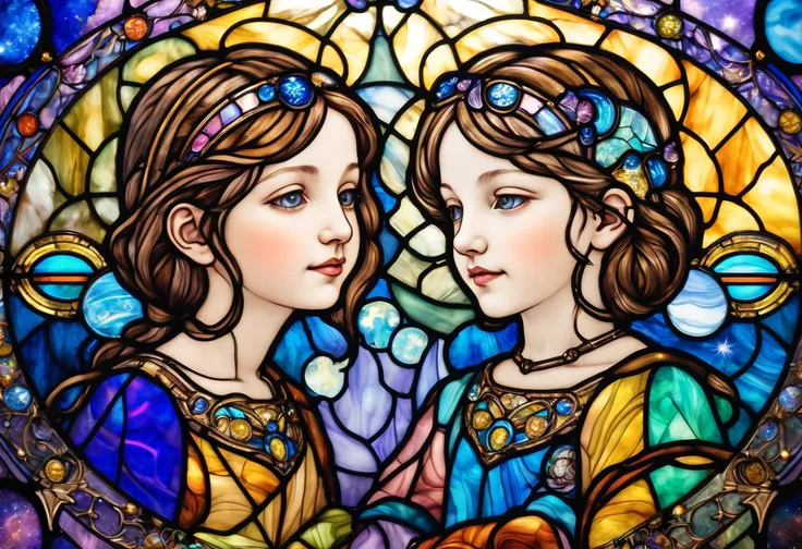 Geminiを対称的な stained glass デザインで描写。astrology,  stained glass 様式の絵画.  symbolist of magical realism of two girls sitting opposite each other , Mystical and new age symbol , Celestial Conflict,Gemini , cute twins ,４year-old  , portrait,  stained glass ,profile