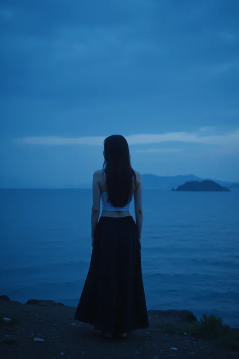 Back view of a full body shot of a 25-year-old girl ，Full body shot of the back，reality，pretty，Long skirt，Seaside environment， dress conservatively，The sky and sea are dark blue