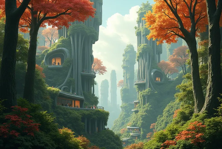 ((forest city)), ((tall Trees)), ((no plants in the building)), tall buildings, red and yellowish green leaves, ((buildings like tree houses))