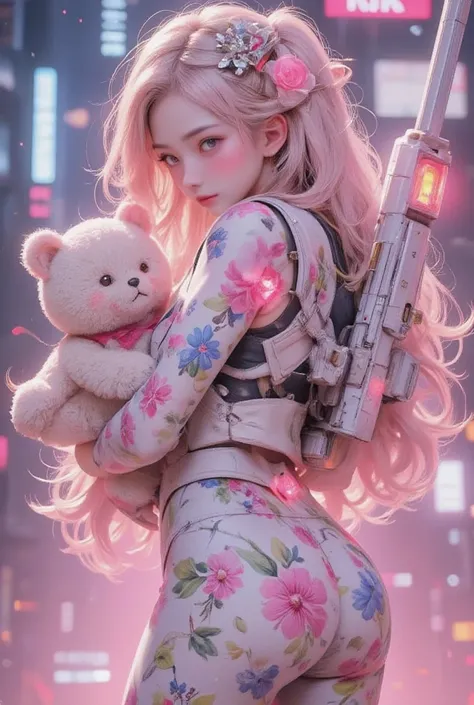 Cute lady robot holding a teddy bear. Colorful flower pattern on the body, equipped with a heavy beam gatling gun on the back, cute mood, joints and gaps glowing pink.. Hardcore machine. Latest animation style, cute pop music background, high brightness. B...