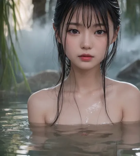 Japanese beautiful classy lady, narrow face, face forward, See here, red lips, wet skin, wet hair, naked, slim figure, a slender waist, sitting in a deep hot springs by bamboo forest, Soak up to the shoulders in the deep hot springs, in a cloud of steam, b...