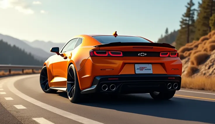 A close back view of a orange 2025 Chevrolet Camaro standing on a road