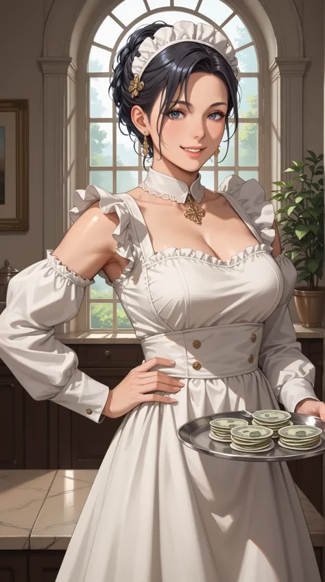 A mature and witty maid,medium-length straight black hair, a warm yet slightly cunning smile, wearing a traditional and elegant maid outfit with a white apron and headpiece, exuding confidence in her role as a senior servant, background set in a classical ...