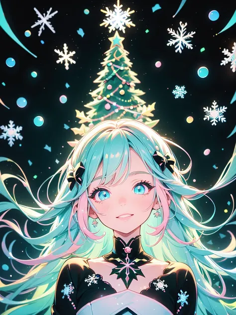 1girl,Chibi、 best smile 、 best detail、cute、 Christmas wreath 、 Neon Color Gradation Hair Color、White and Black Santa Claus Dress 、 snowman、 Snowflakes 、 fantasy 、 absurd、 neon lights enhance cuteness、世界一cute絵、 Christmas Illuminations、 Proximity Method、 vie...