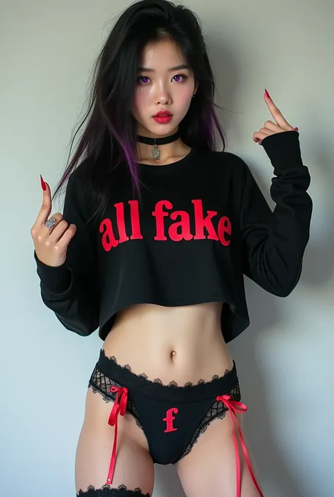 Korean girl with medium black hair with dark purple highlights and purple eyes wearing a cropped short black with red ink style letters written: ALL FAKE,  a black panties dental floss with a red F ,  black lace socks with a red ribbon , doing poses with t...