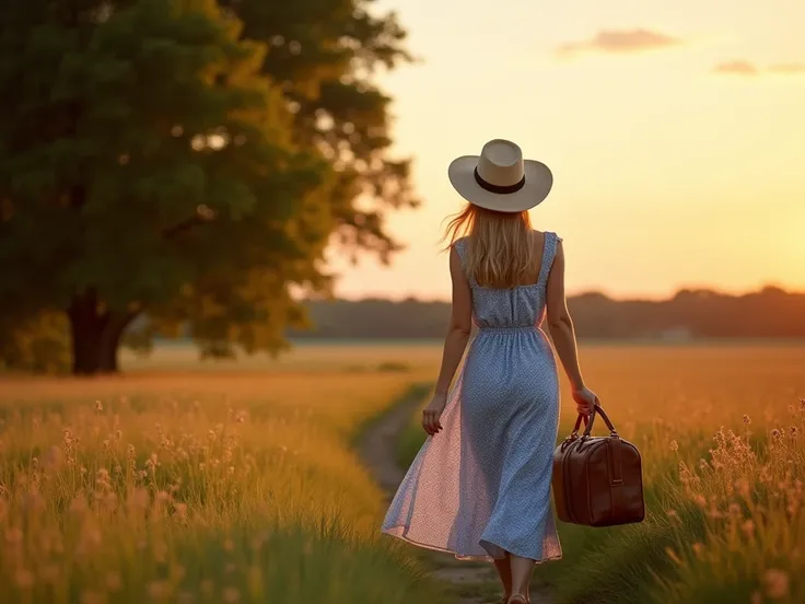 A young European woman in her early 30s is walking across a grassy field bathed in the warm, golden hues of sunset, positioned slightly right of center in the image. She is wearing a flowing, light blue patterned sundress that sways gently with her steps. ...