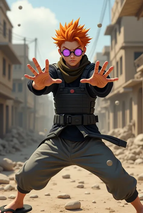 Japanese man 20 years old,Short spiky orange hair,Purple eyeballs with circular patterns like lollipops,Black long sleeve casual t-shirt,Bulletproof vest,Gray 3/4 pants, flip flops,Martial arts horse stance pose,Showing ten fingers to the camera,Bulletproo...