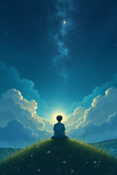  A gentle young man sitting on a green hill ,  looks at the stars twinkling in the night sky for the blessing of the stars., , the star shines brightly on his shadow. , ,In the style of the xing xing star art group , 32K,  best quality ,  masterpiece,  ext...