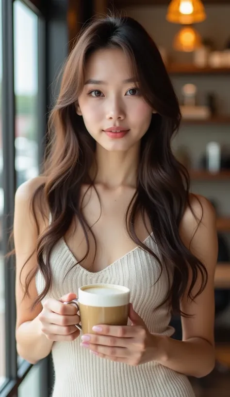 Beautiful girl model,her face similar to Momo from TWICE,dark brown long soft hair and big wide double lid eyes, baby pinkish skin,cute and sofisticated,soft pink lips,wearing brown clean white knit-dress and ,She like having cafe latte  in coffee shop tha...