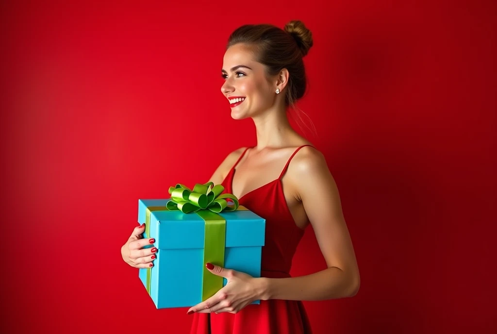 Very beautiful russian girl in short dres. Side view of a [Girls hands] gripping two  large bright [blue and green] holiday gift over a [red] background --ar 3:4 —q 2 —style raw.