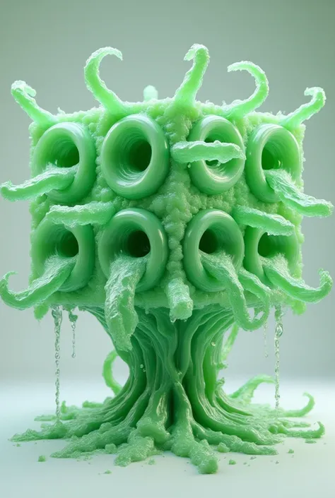 sexualized Cube of viscous green see through slime with a vagina on the center of each side, and multiple penis shaped tentacles extending from all sides.