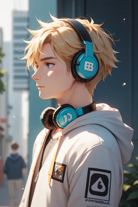 Boy, two-block hairstyle, blonde hair color, wearing a hoodie, wearing headphones around his neck, facing sideways