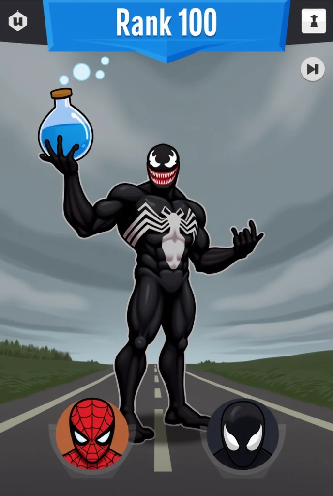 The image is a digital illustration of a character from the Marvel Comics universe, Venom. The character is standing on a road with a cloudy sky in the background. Venom is holding a large beaker with a blue liquid in it, which appears to be a potion or a ...