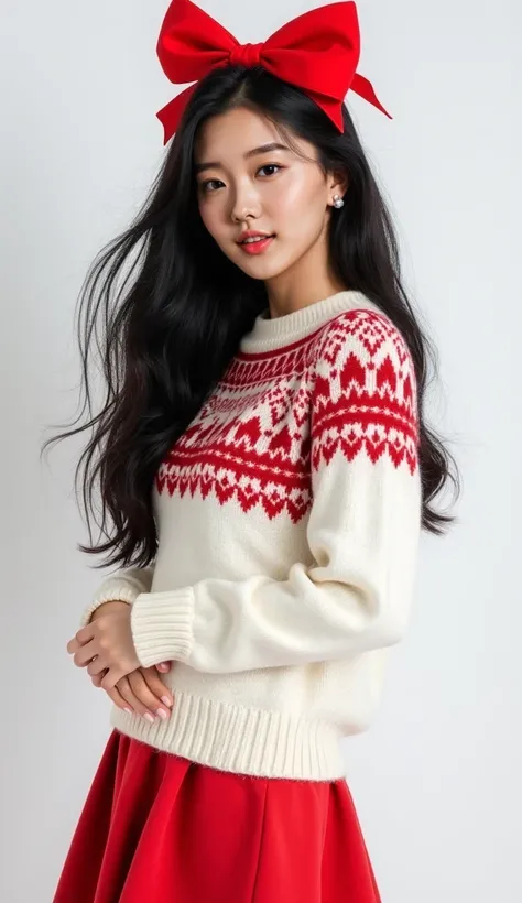 21-year-old girl,  black flowing hair, Standing confidently in front of a white background .  a Fair Isle sweater with a red pattern on a white background，,Big red bow on the head ， long hair， A-line dress with ， in soft tones poses for a photo，Put on a ni...