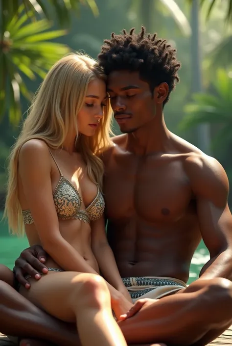 Russian bikini girl sitting on lap of an indian black skin boy