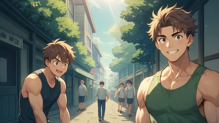 明るい日差しで輝く茶髪のイケメン高校生。A handsome high school student with brown hair shining in bright sunlight surrounded by everyone and talking with a smile 。