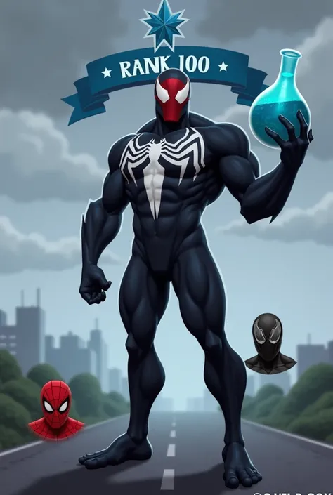 The image is a digital illustration of a character from the Marvel Comics universe, Venom. The character is standing on a road with a cloudy sky in the background. Venom is holding a large beaker with a blue liquid in it, which appears to be a potion or a ...