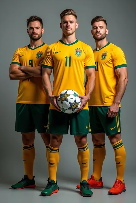 Three Australia Guys, Athlete, Soccer Player, Photoshoot, at grey studio background, holding a ball, ultra hd, detailed face, detailed skin, detailed hair, highly detailed, wear Australia official jersey, Standing Full Body