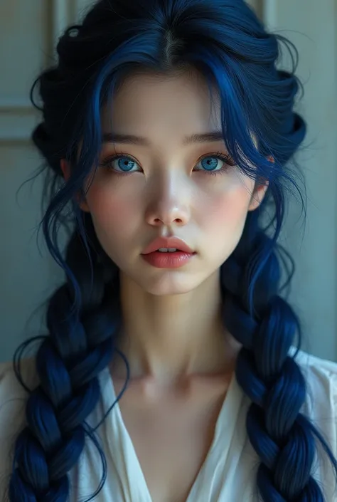 Navy blue long hair, fair skin, sapphire eyes. Her hair is in a high braid.