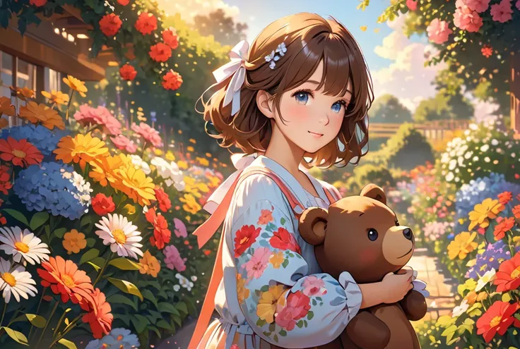  ribbon  girl holding a bear, Brown bifurcated hair ,  flower garden , High definition, Warm light , accurate