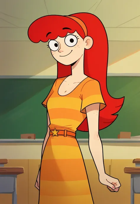 score_9, score_8_up, score_7_up, 1girl, solo, beag, red hair, freckles, hairband, dress, striped, belt, looking at viewer, smile, cowboy shot, indoors, classroom