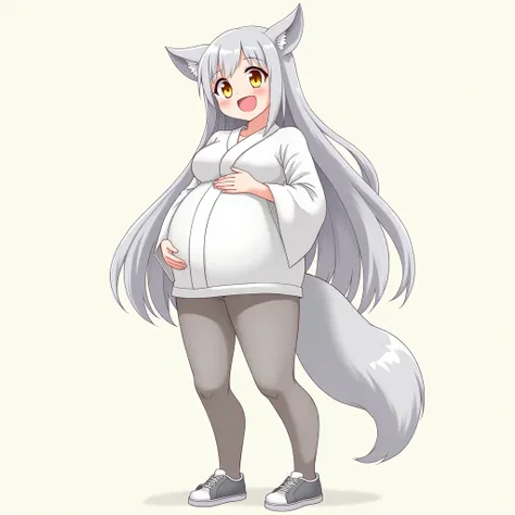 anime girl, long hair, gray thin tights , pregnant, big yellow eyes , Very big breasts , very big belly, hyper-pregnant girl, keep your finger on the pulse , the biggest belly , gray sneakers , anime style , Smile , High resolution, gray hair,hyperbolized ...