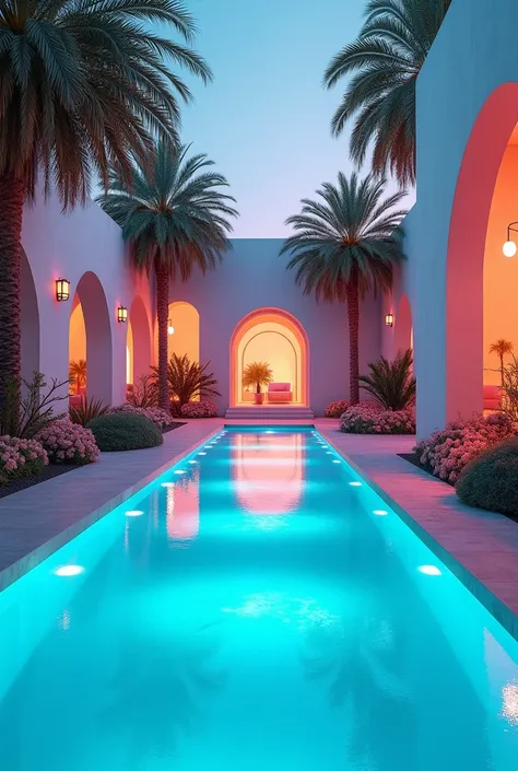  futuristic architectural frame ， with neon lights from behind ，flora， palm tree 。超凡脱俗的大叶flora。Botanical Gardens,  cyberpunk, Vaporwave, Surreal Desert Scenery， in a highly detailed and realistic iridescent ice blue and gold themed pool,  in a critical spa...