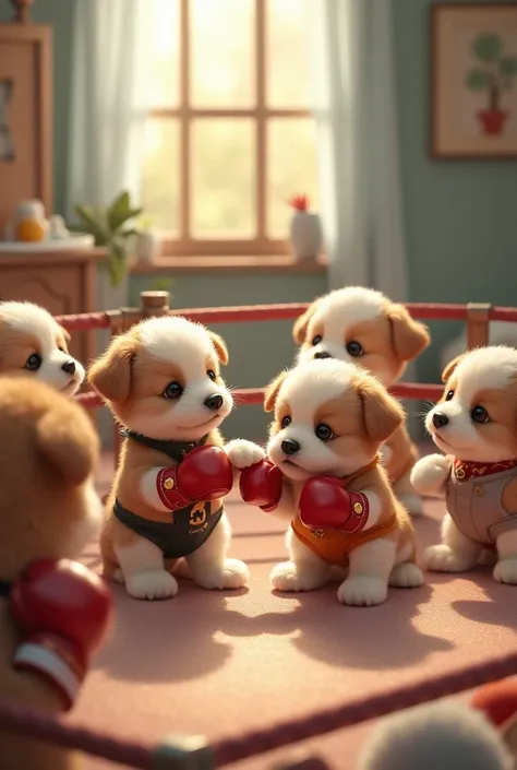 Cute puppies (dressed up) watching a cute puppy boxing match