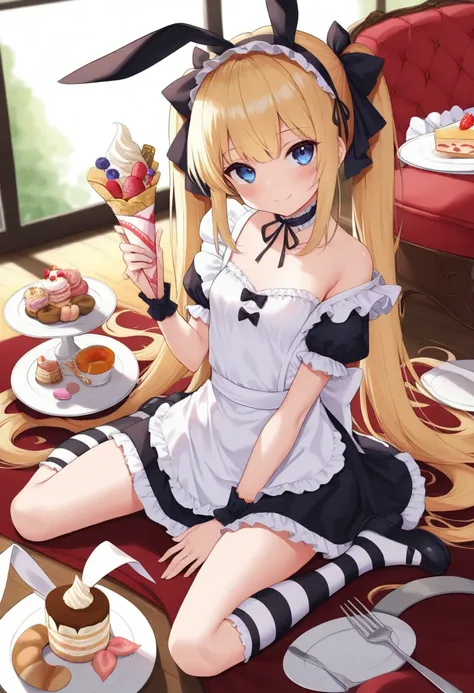 masterpiece, best quality, ultra detailed, hyper detailed, insanely detailed, beautiful, alice in wonderland,lolita, female , soft serve ice cream, cake, pancakes, pudding, crepe, parfait, cookie, macarons, doughnut, smiling, sitting on the floor legs spre...