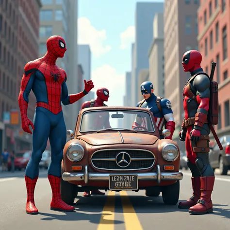 Spider-Man stands next to his rusty car in the middle of the city street, casually waving with one hand and saying captain America Hello, guys with a cheerful expression under his mask. He wears his classic red-and-blue suit, exuding his usual friendly and...