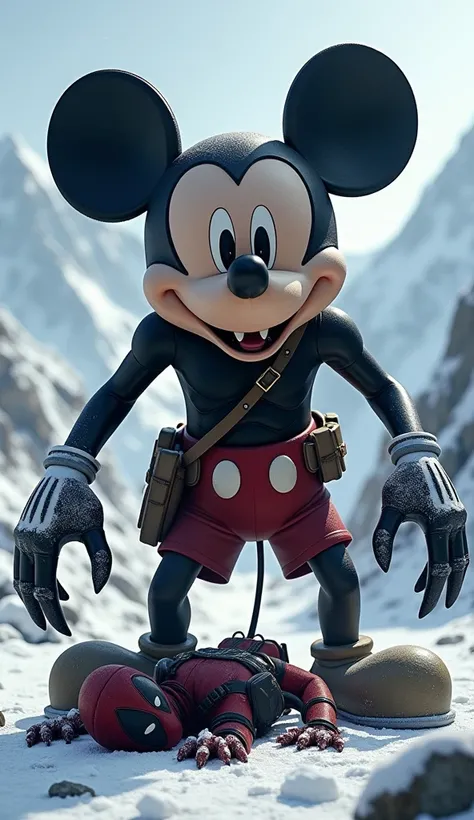 A large, ferocious-looking mickey mouse with sharp teeth and claws is standing over a Deadpool laying in on ground, snowy mountains are in background