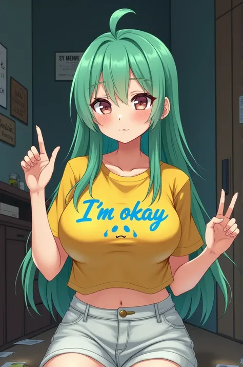 Create a beautiful Thai anime girl cinematic character, long emo hair in bright light green, wearing a yellow t-shirt with a crying emoticon with the words "Im okay" Blue with cursive writing, wearing a white short skirt, has very large breasts, Mature, he...