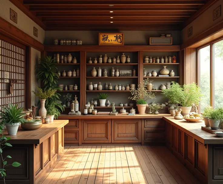 realistic, photorealistic, interior of a herbal shop, wooden furniture and decor, masterpiece, detailed, high quality, warm lighting, natural colors, ornate details, intricate textures, ornamental elements, ambient lighting, immersive atmosphere, tradition...