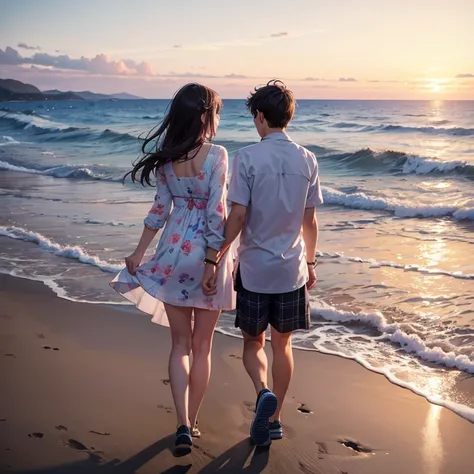 a young couple running on the sand beach. By the sea view and waves. from back view . After Sun Set. The girl is wearing a long floral dress And white cardigan.

Boy and girl are wearing different pattern of dress as follow;Boy is wearing plaid shirt and j...