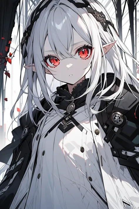 solo girl,elf,white hair,red eyes