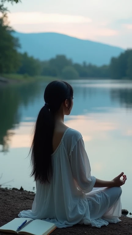 "A quiet and reflective photograph of a person sitting quietly by a quiet lake. A low angle shot of a beautiful half Japanese-Korean woman with long straight black hair tied in a ponytail, dressed in a bohemian, hippie style, and a very sexy figure, medita...