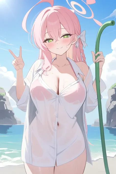 hanako_(  swimsuit)_(green_archive) Highest_quality newest masterpiece anime_女of子_and_ pink_hair_and_green_eye_standing_in_Front_of_a_The rocks are wet_Open your shirt_v_Chest_The clothes are hot_and_Shine_The sun is wet _Drooping_length_hair quetzal sweat...