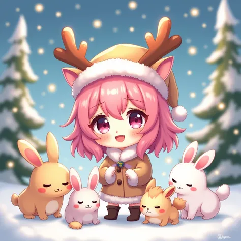 girl, ,chibi,cute,Christmas hat,  antlers, xmas theme, pink hair, anime style, surrounded by cute fluffy animals