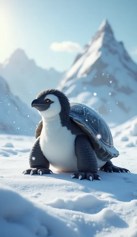 Hybrid animal of turtle and  penguin standing on snow 