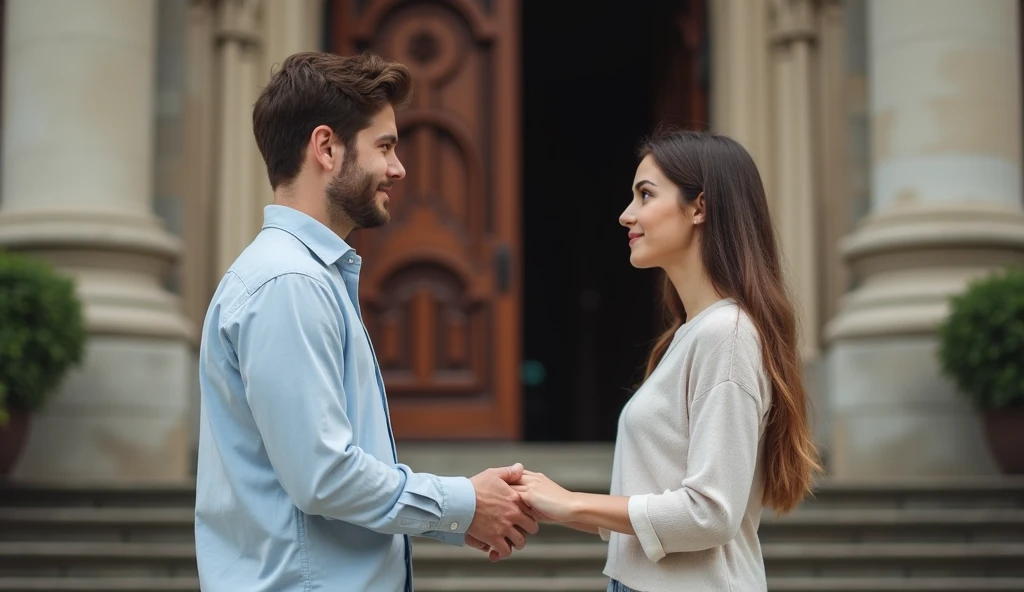 Setting: Reconciliation by a Church
A young man and woman stand near the steps of a church, facing each other. The man extends his hand, and the woman looks at him with a hesitant but soft expression, showing the first step toward reconciliation. The churc...