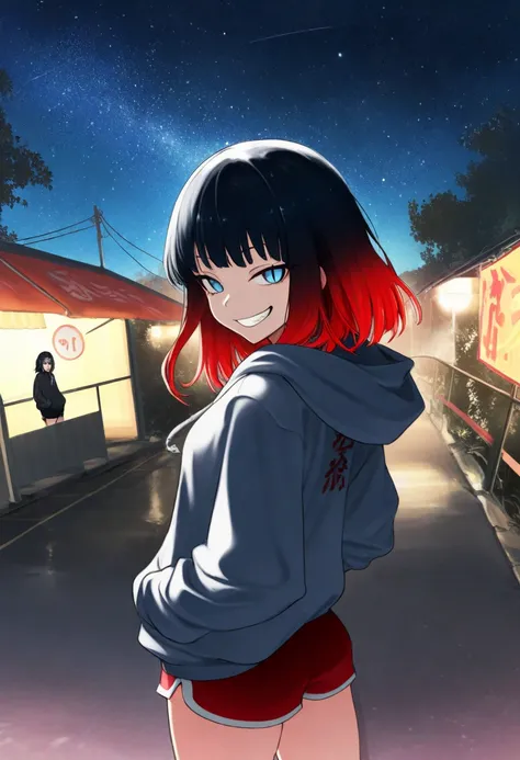 1girl, masterpiece, starry sky, night, bangs, red shorts, scenery, medium hair, outdoors, looking back, blue eyes, black hair, smug, grin, delinquent, hands in pockets, hoodie, gradient hair, red hair, slit pupils,