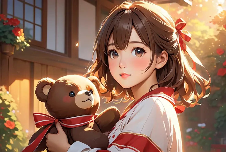  ribbon  girl holding a bear, Brown bifurcated hair , High definition, Warm light , accurate , 마법의성