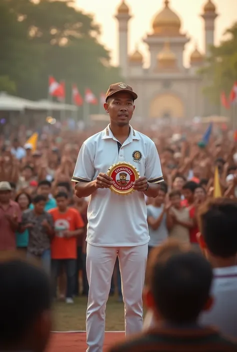 hyper realistic, ultra hd photo result from kodak camera an Indonesian man, thin body wearing a brown cap, white shirt,coffee logo white pants (with glasses). standing straight giving a speech in the middle of a crowd, carrying the "coffee" logo at a welco...