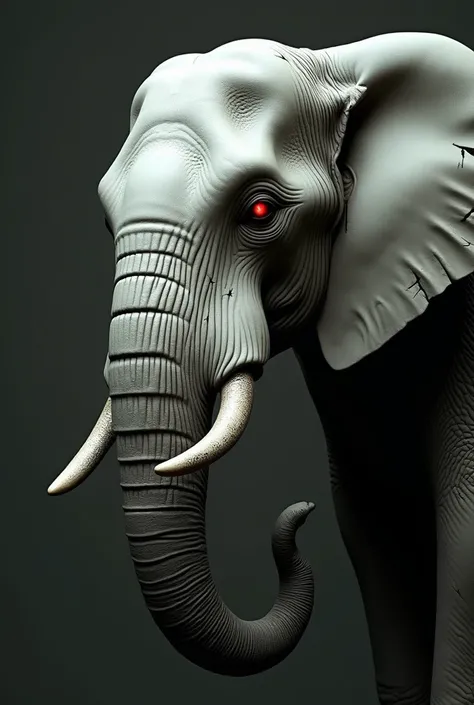 An elephant wearing an elegant porcelain mask, with a serene expression. Cracks in the mask reveal twisted, decayed tusks and glowing red eyes. Its trunk gently touches smaller animals, leaving blackened marks where it whispers. Dark, moody tones with mini...