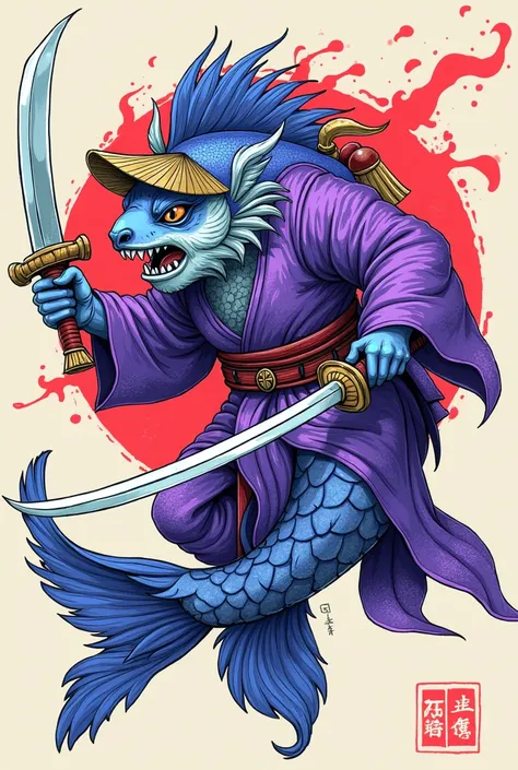 A fighting fish in purple and blue that wears a kimono to the sword fighting with sword and bamboo hat with bell wears a fox mask and mysterious and mysterious works in comic style as a sketch in 