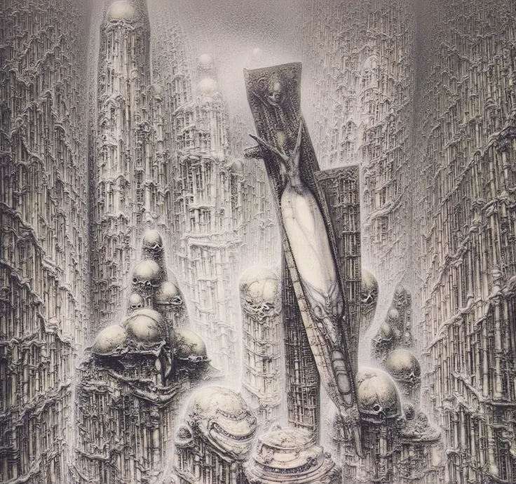 H. R. Gigers g1g3r, , Giger_style, H. R. Gigers g1g3r, , Giger_style, The image is a detailed view of H.R. Gigers " HRG Aleph " plate, featuring ( The image depicts a surreal, dark artwork featuring a human figure suspended between two hordous-like structu...