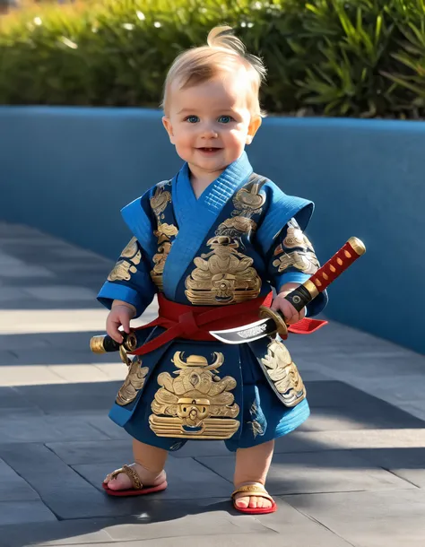 full body,from front,(((One month))) old foreign baby boy,Newborn baby,fat baby,toddler,tiny,(((Big eyes))),(((blue eyes))),smile,happy smile,cute smile,good looking,japanease samurai,bushi,walking,Japanese sword,(((To wear a japanease sword at ones side))...