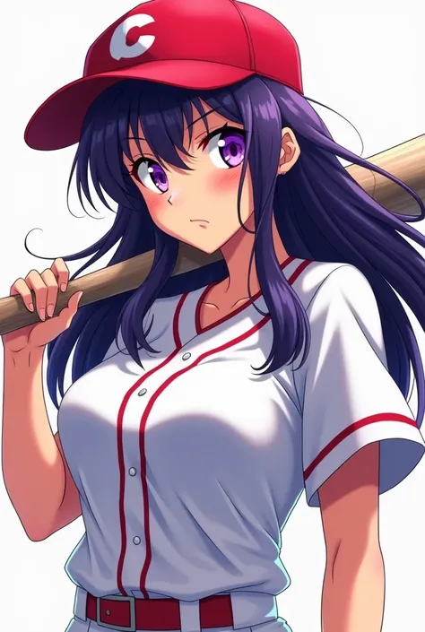 Japanese animation style、 high school girl、Baseball uniform 、 Baseball Cap 、left-hitter、Dark Purple Long Hair、 purple pupils、 full breasts 