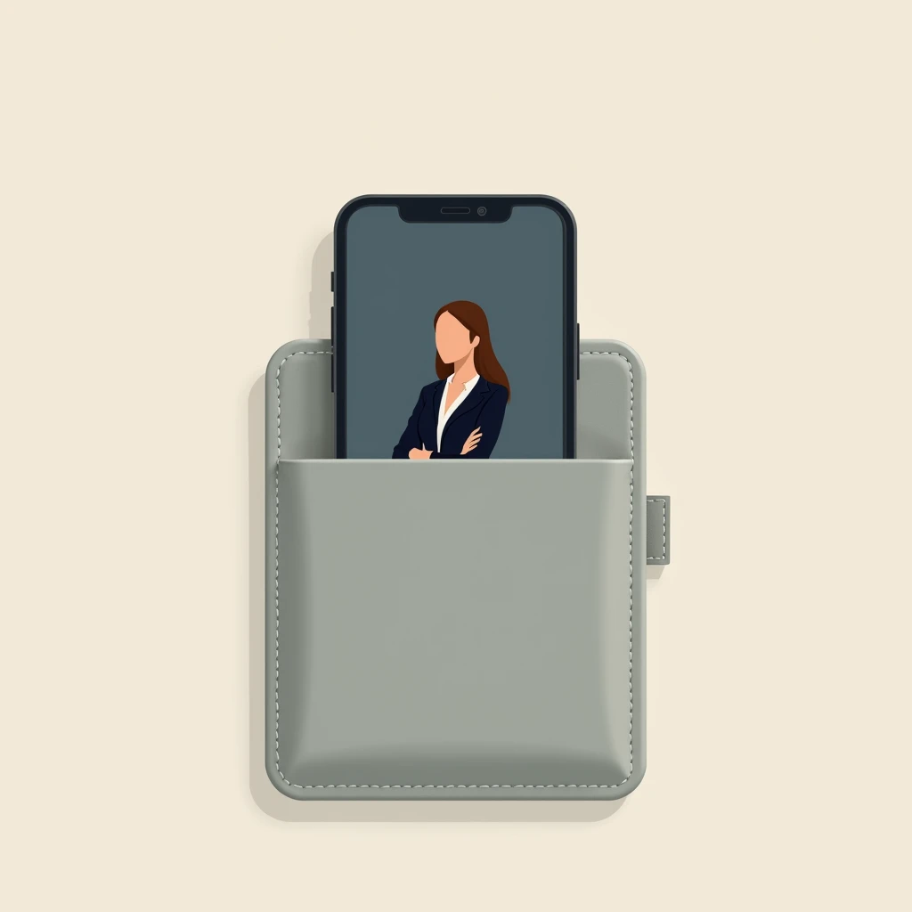 pocket。Smartphone。pocketにSmartphoneが入っている。Smartphoneケースには秘書のシルエットのイラスト。ベース型のpocket。Simple color 。 Simple Design 。The secretary is facing the front。 illustration style 。